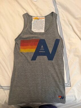 Aviator Nation Heather Gray Tank with Navy Logo and Warm Rainbow